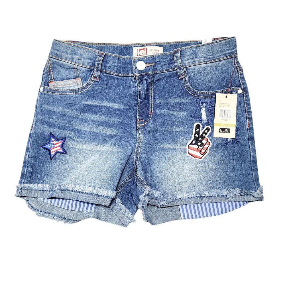 L.E.I. Chelsea Low Rise‎ Denim Shorts Frayed Hem & Patches Girls Size 14 Regular